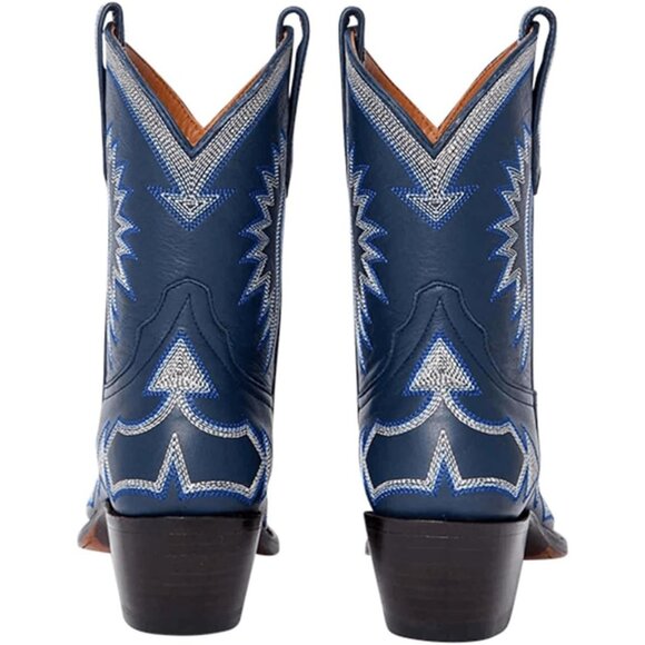 Metallic Embroidered Cowgirl Boots For Women Pointed Toe Western Chunky Heel - Picture 3 of 6